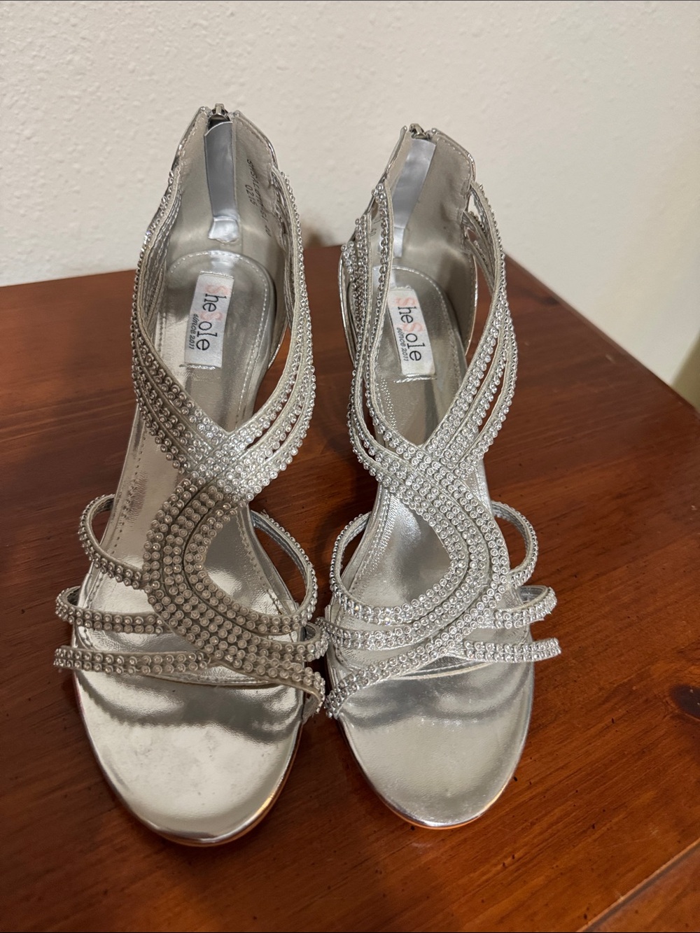 SheSole Silver Crystal-Strap Evening Heels
